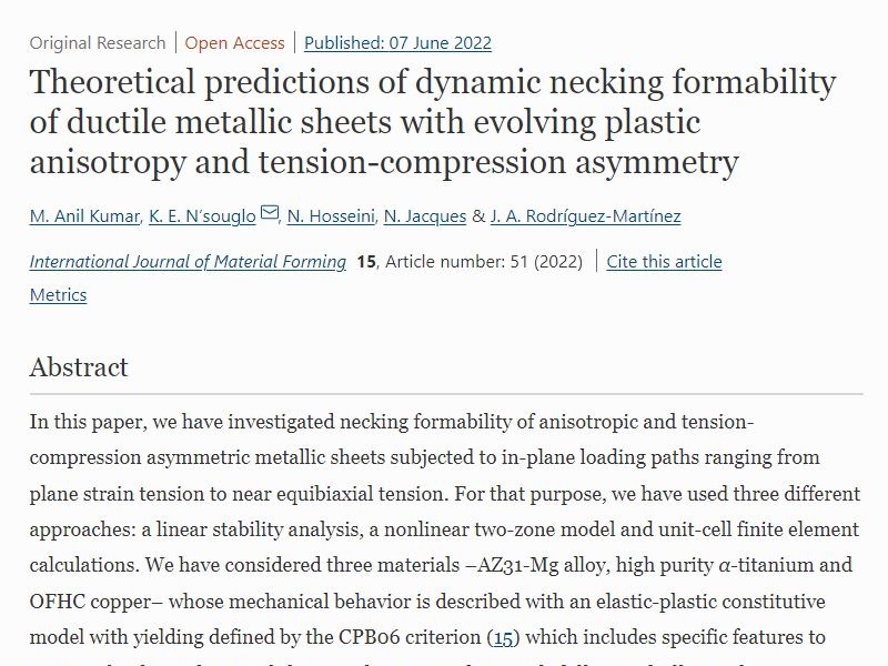 A new paper has been accepted for publication in International Journal of Material Forming.